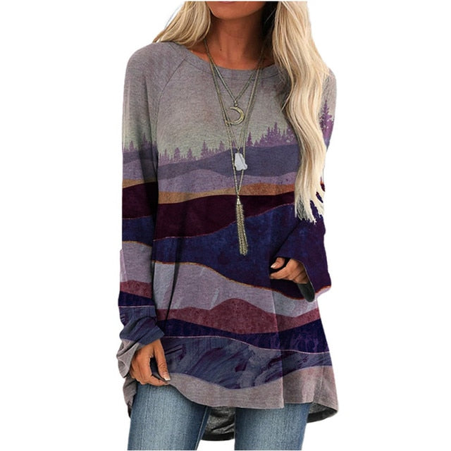 Cartoon Cats On The Tree Print Tshirt Long Sleeve Women Tops Plus Size - myfunfarm