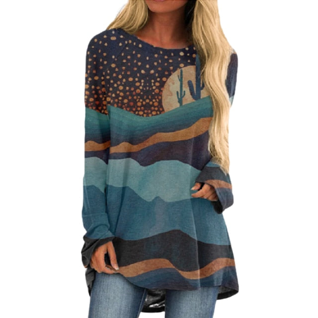 Cartoon Cats On The Tree Print Tshirt Long Sleeve Women Tops Plus Size - myfunfarm