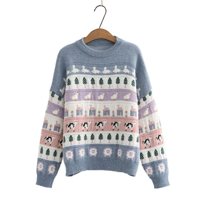Cute Cow Cartoon Sweater Sweet Style Knitted - myfunfarm