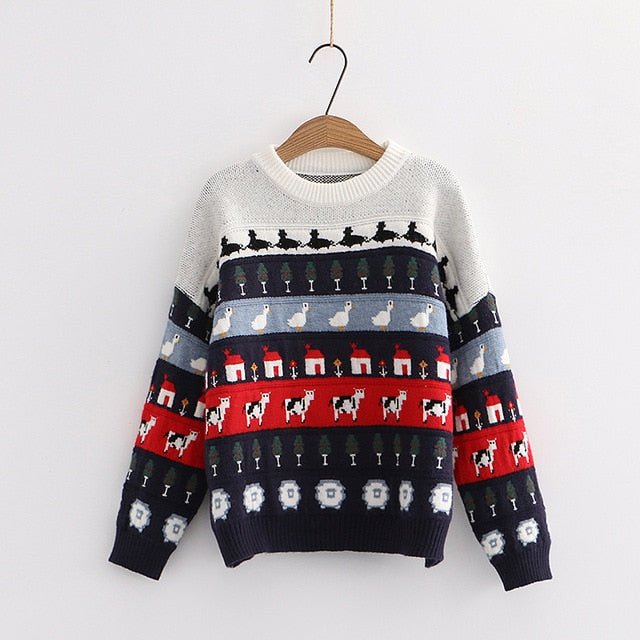 Cute Cow Cartoon Sweater Sweet Style Knitted