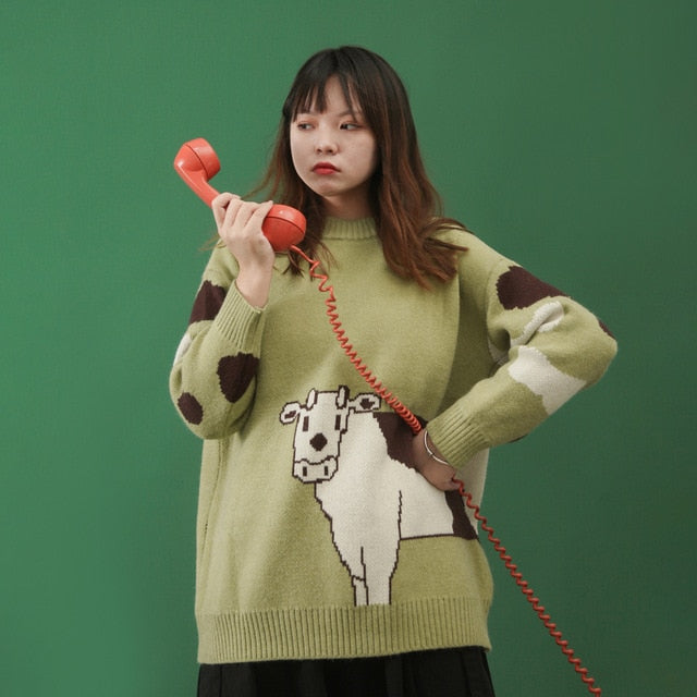 Cartoon Cows  Women Sweaters O-neck Pullover Knitted - myfunfarm