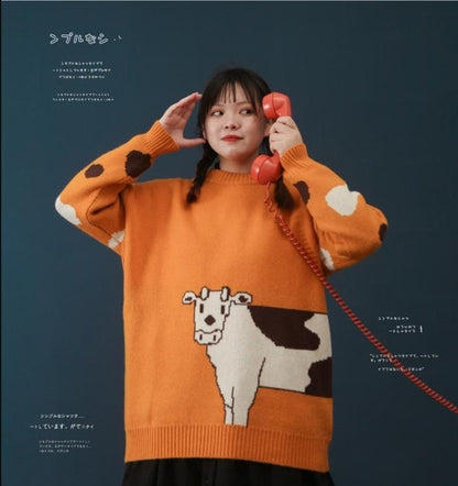 Cartoon Cows  Women Sweaters O-neck Pullover Knitted - myfunfarm