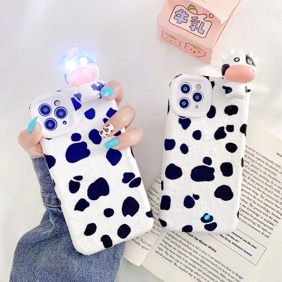 Cute Cow pattern and light toy phone case Silicone Glitter Plushfor IPhone SE 2 2020 8 7 6s 6 Plus IPhone 12 11 Pro XR X XS Max - myfunfarm