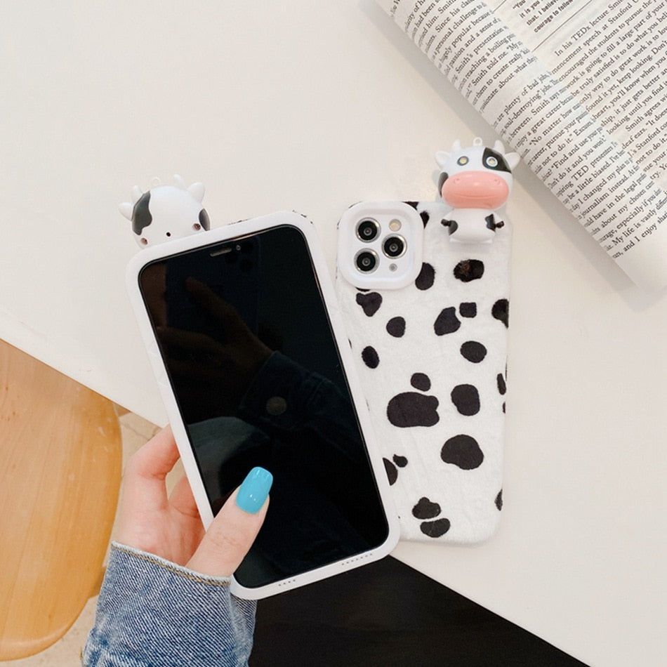 Cute Cow pattern and light toy phone case Silicone Glitter Plushfor IPhone SE 2 2020 8 7 6s 6 Plus IPhone 12 11 Pro XR X XS Max - myfunfarm