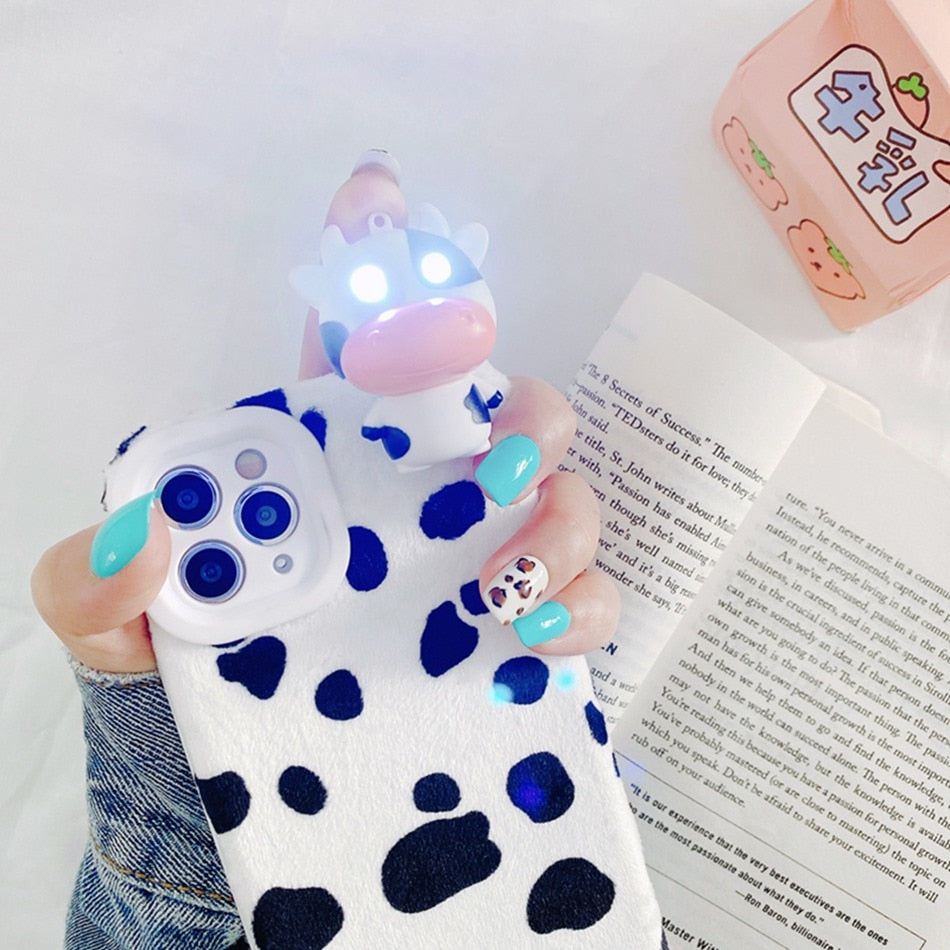 Cute Cow pattern and light toy phone case Silicone Glitter Plushfor IPhone SE 2 2020 8 7 6s 6 Plus IPhone 12 11 Pro XR X XS Max - myfunfarm