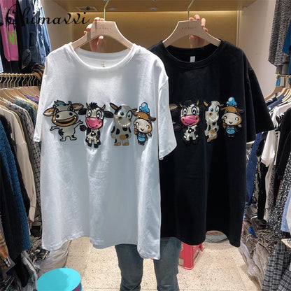 Spring and Summer New Cute Cow Toy Embroidered Loose Short Women Sleeved T-shirt - myfunfarm