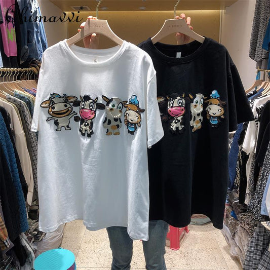 Spring and Summer New Cute Cow Toy Embroidered Loose Short Women Sleeved T-shirt - myfunfarm