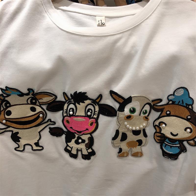 Spring and Summer New Cute Cow Toy Embroidered Loose Short Women Sleeved T-shirt - myfunfarm