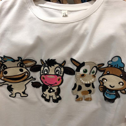 Spring and Summer New Cute Cow Toy Embroidered Loose Short Women Sleeved T-shirt - myfunfarm