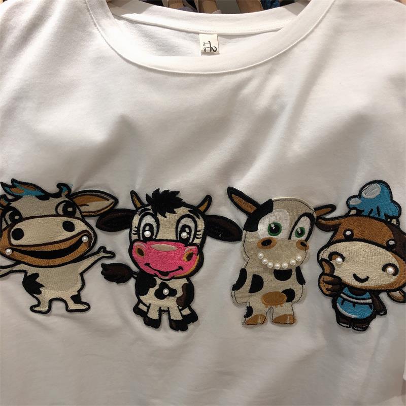 Spring and Summer New Cute Cow Toy Embroidered Loose Short Women Sleeved T-shirt