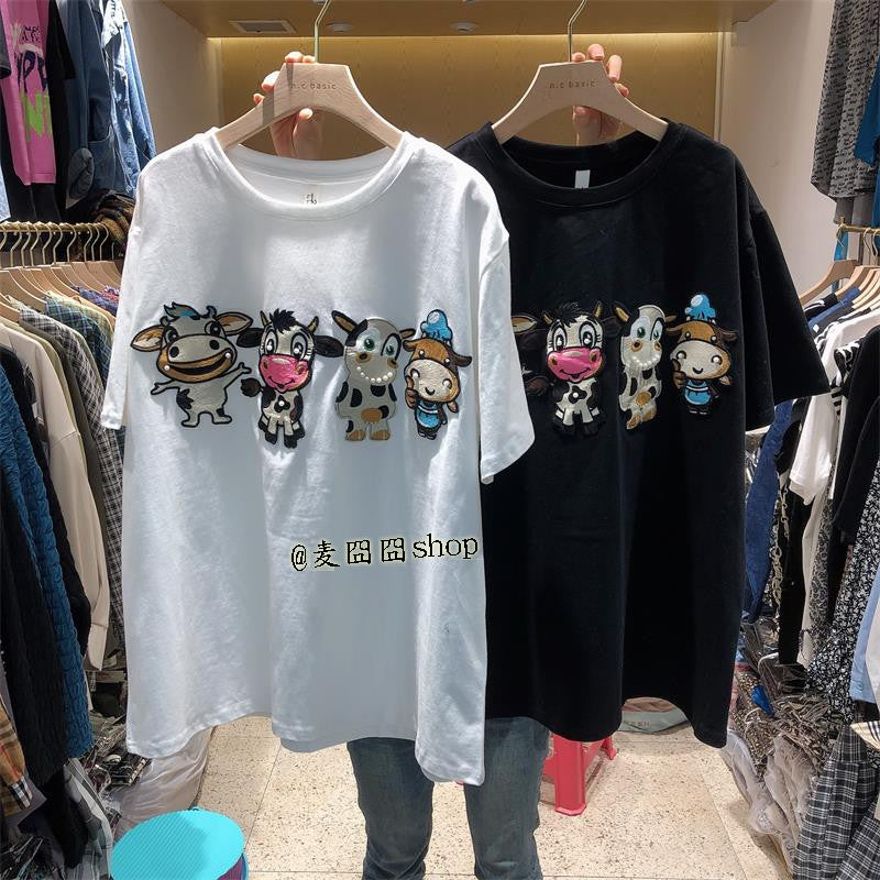 Spring and Summer New Cute Cow Toy Embroidered Loose Short Women Sleeved T-shirt - myfunfarm