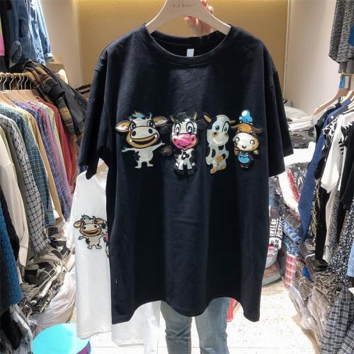 Spring and Summer New Cute Cow Toy Embroidered Loose Short Women Sleeved T-shirt - myfunfarm