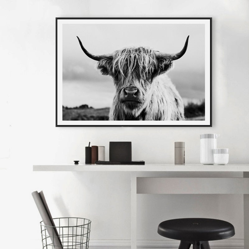 Black and White Highland Cow Wall Canvas Art Print Wall - myfunfarm