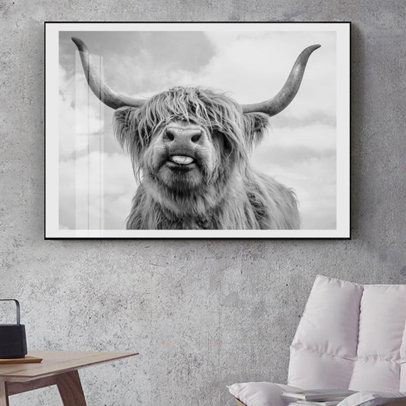 Black and White Highland Cow Wall Canvas Art Print Wall - myfunfarm