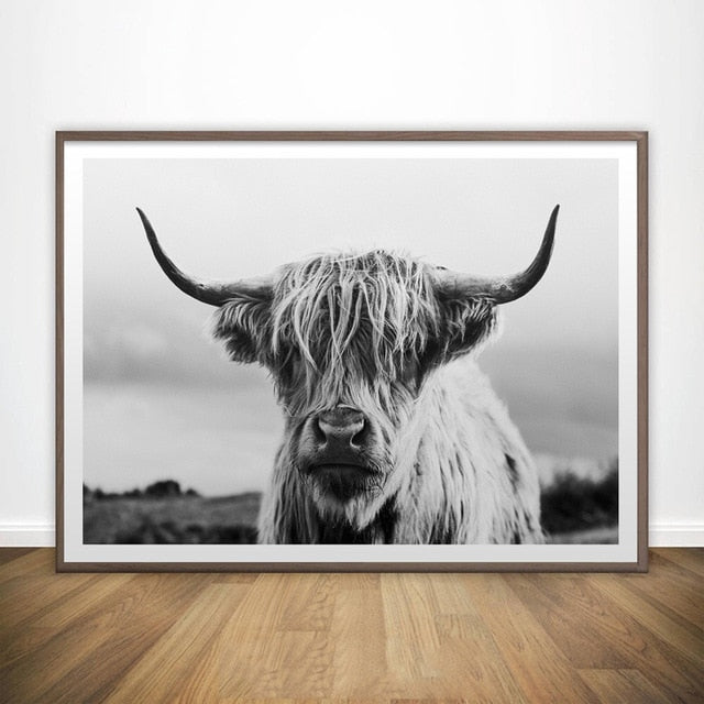Black and White Highland Cow Wall Canvas Art Print Wall - myfunfarm