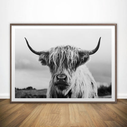 Black and White Highland Cow Wall Canvas Art Print Wall - myfunfarm