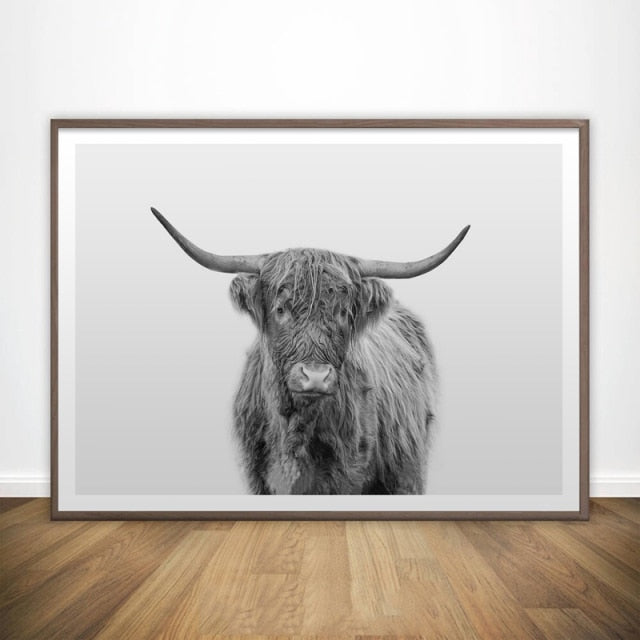 Black and White Highland Cow Wall Canvas Art Print Wall - myfunfarm