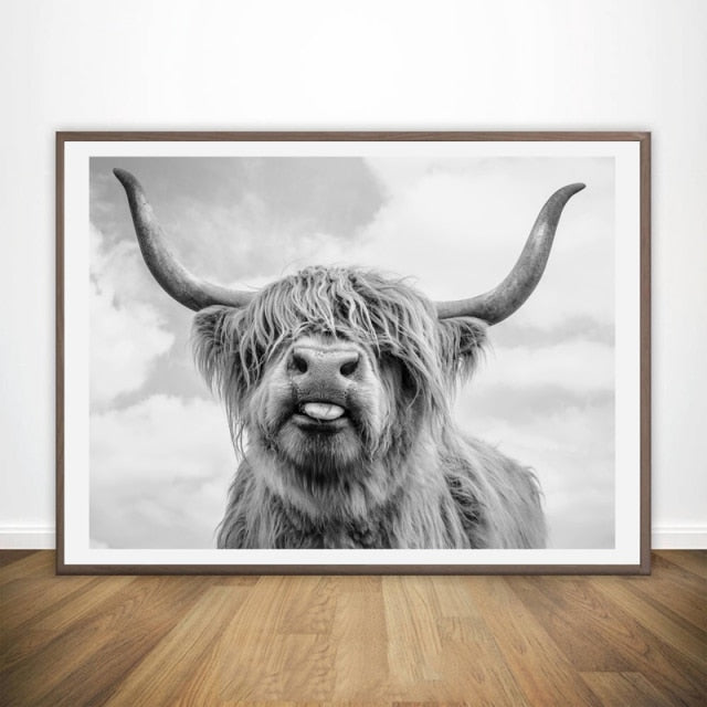 Black and White Highland Cow Wall Canvas Art Print Wall - myfunfarm