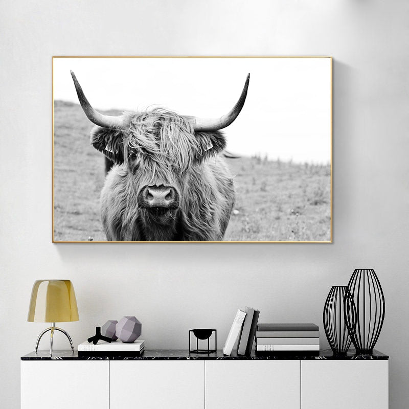 Black and White Highland Cow Canvas Prints - myfunfarm