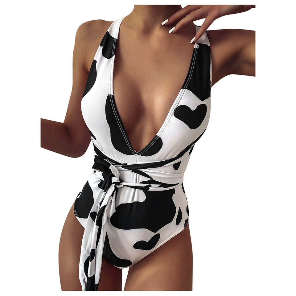 Swimsuit Women Swimwear Cow Pattern Beachwear Push Up One Piece