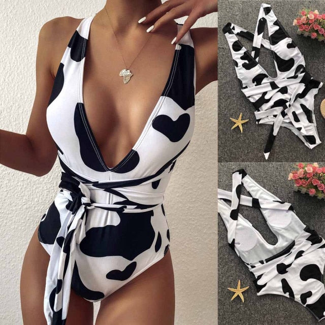 Swimsuit Women Swimwear Cow Pattern Beachwear Push Up One Piece