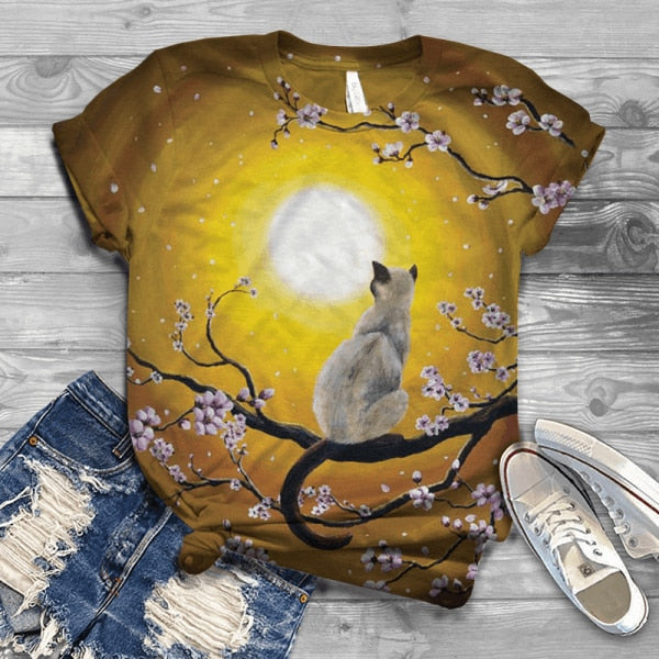 Woman Tshirts Digital 3D Cat Printed - myfunfarm
