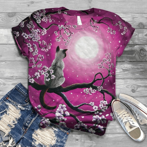 Woman Tshirts Digital 3D Cat Printed - myfunfarm
