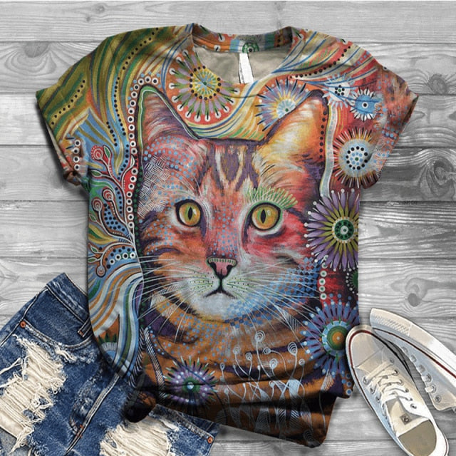 Woman Tshirts Digital 3D Cat Printed