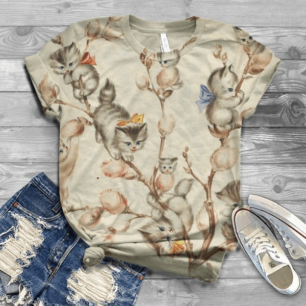 Woman Tshirts Digital 3D Cat Printed - myfunfarm