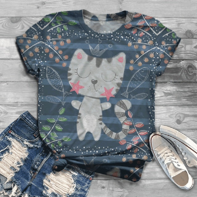 Woman Tshirts Digital 3D Cat Printed - myfunfarm