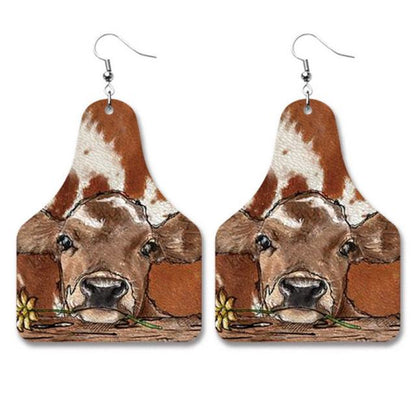 Cute Cow Print PU Leather Cow Tag Earrings - myfunfarm