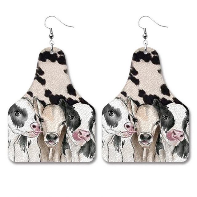 Cute Cow Print PU Leather Cow Tag Earrings - myfunfarm