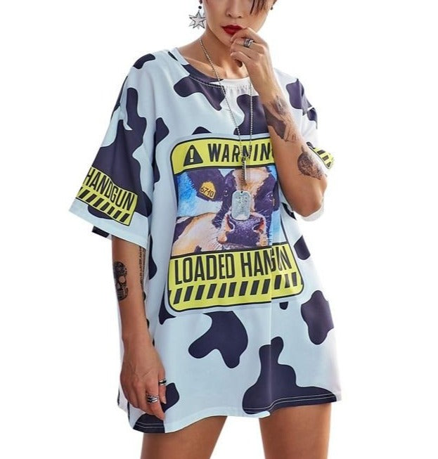 2021 Summer Women Long Loose Cartoon Cow Print T-Shirt