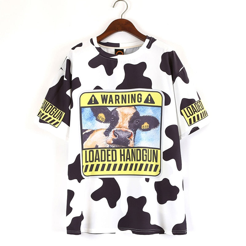 2021 Summer Women Long Loose Cartoon Cow Print T-Shirt - myfunfarm