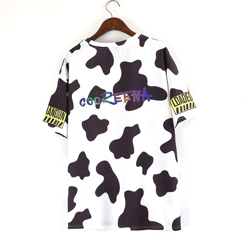 2021 Summer Women Long Loose Cartoon Cow Print T-Shirt - myfunfarm