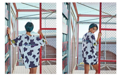 2021 Summer Women Long Loose Cartoon Cow Print T-Shirt - myfunfarm