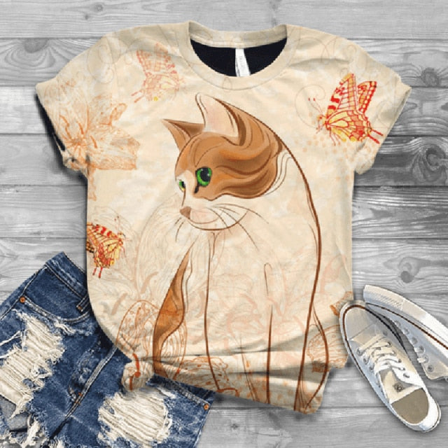Woman Tshirts Digital 3D Cat Printed - myfunfarm