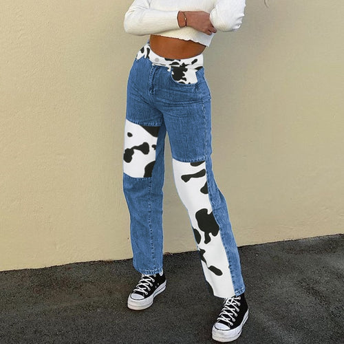 Fashion 90s Denim Jeans Y2k Skater Style Milk Cow Print Patchwork Jeans
