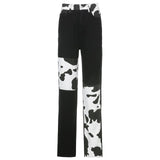 Fashion 90s Denim Jeans Y2k Skater Style Milk Cow Print Patchwork Jeans