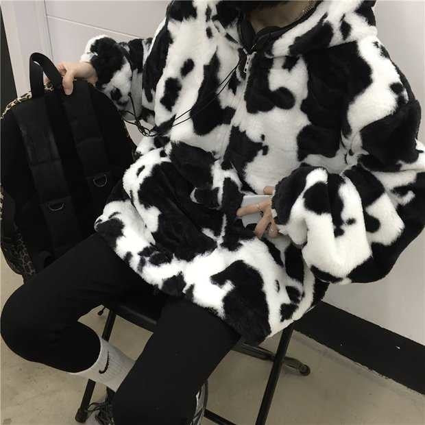 Fleece Jackets Furry Cow pattern for women - myfunfarm