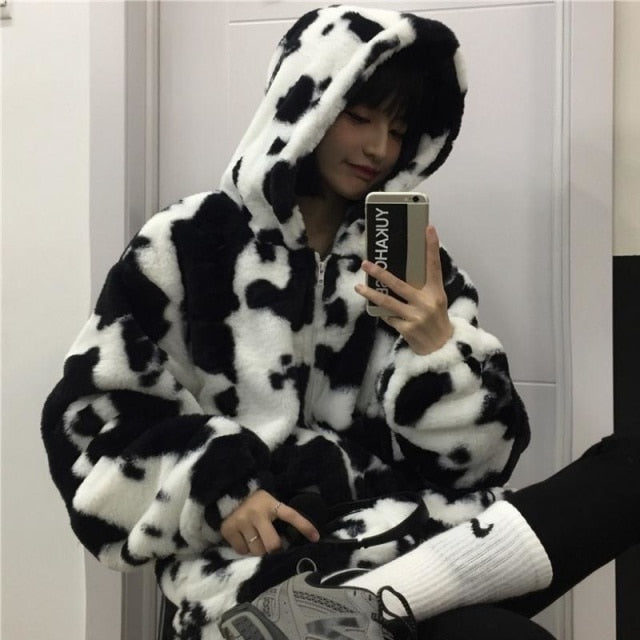 Fleece Jackets Furry Cow pattern for women - myfunfarm