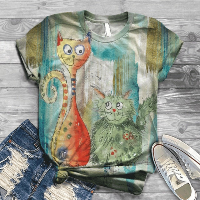 Woman Tshirts Digital 3D Cat Printed - myfunfarm