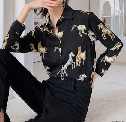 Horse Print Chiffon Long Sleeve Collared Shirt Blouse - myfunfarm