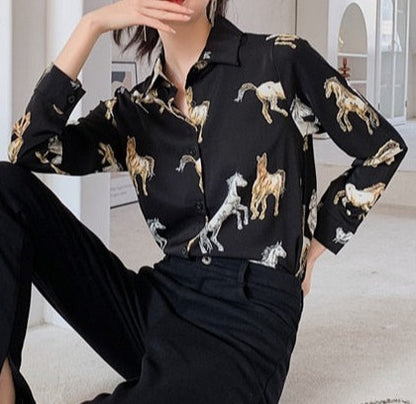 Horse Print Chiffon Long Sleeve Collared Shirt Blouse - myfunfarm