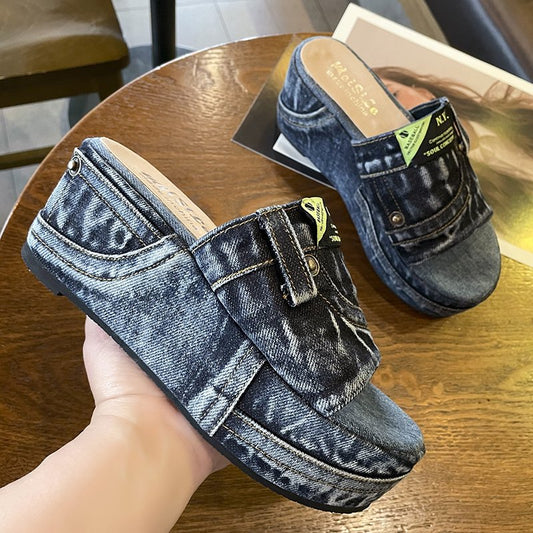 Summer Women Sandals Denim Thick Bottom - myfunfarm