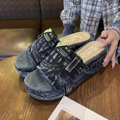 Summer Women Sandals Denim Thick Bottom - myfunfarm