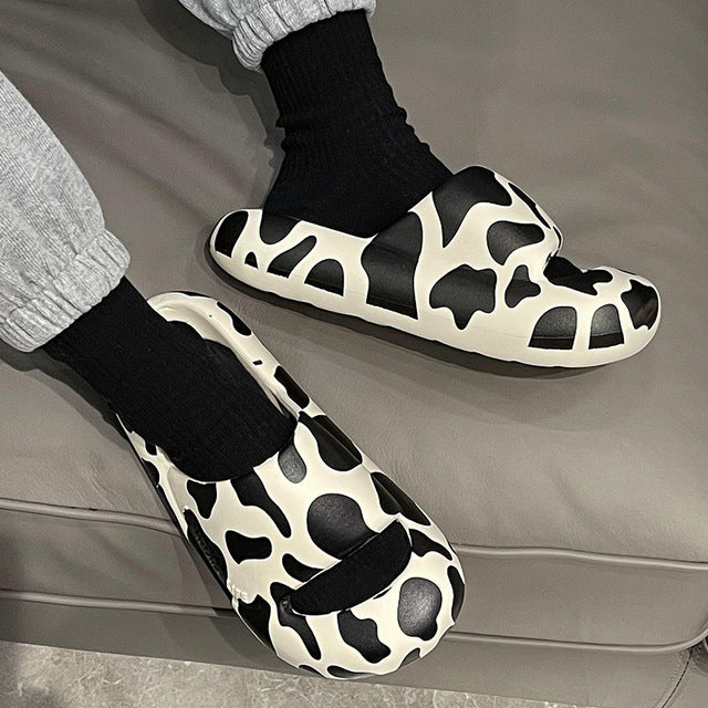 Summer Slippers Women 2022 Cute Cow pattern -  Open Toe Low Platform Flip Flops Soft