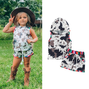 0-3Y Summer Casual Baby Girls Clothes Sets 2pcs Cow Printed Sleeveless Hooded Vest Tops+Shorts Clothing