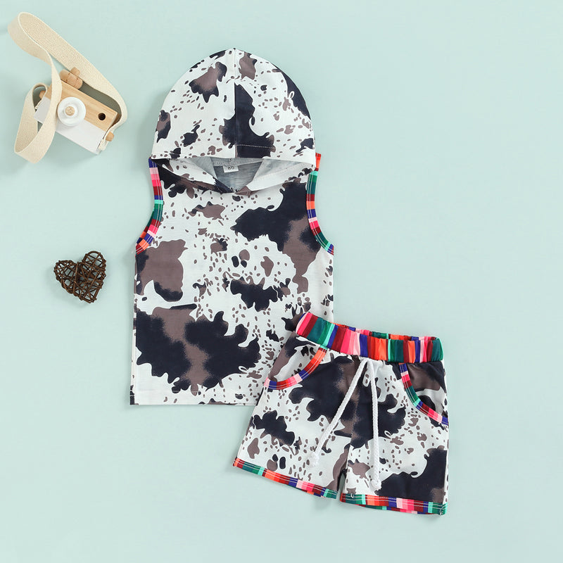 0-3Y Summer Casual Baby Girls Clothes Sets 2pcs Cow Printed Sleeveless Hooded Vest Tops+Shorts Clothing - myfunfarm