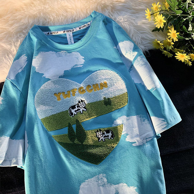 Cow Flocking Summer Cotton Oversized Tee Sweet Cute - myfunfarm